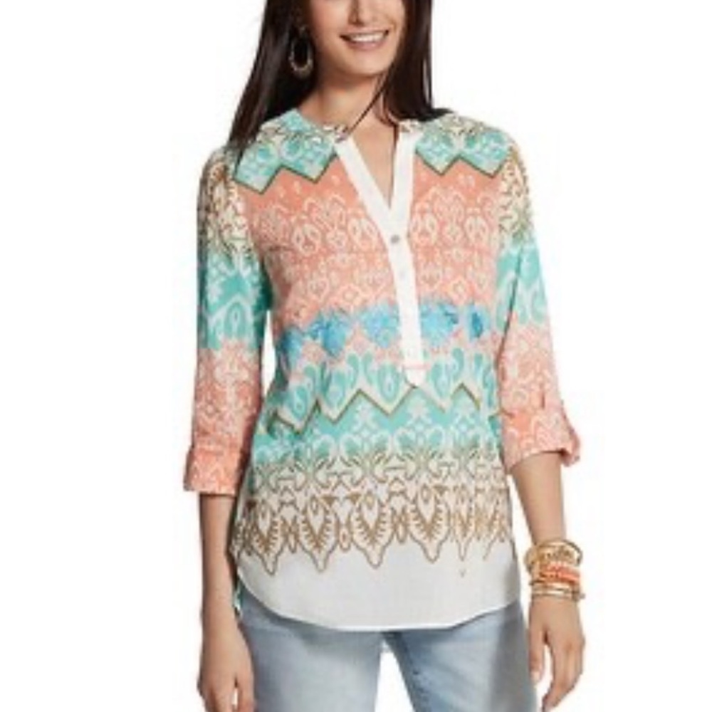 Chicos multicolor print blouse size L mother od pearl buttons embroidered